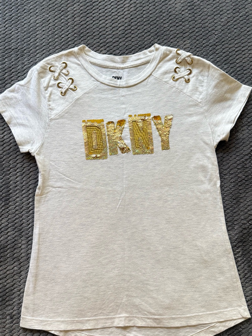 DKNY White Short Sleeve Tee with Gold Sequin Logo